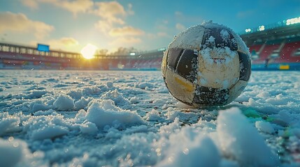 soccer ball in the snow in an empty stadium  sports winter break  season pause or end  copy space  generative ai - obrazy, fototapety, plakaty