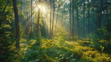 Fototapeta na wymiar Morning Sunrays Caressing a Whispering Pine Forest