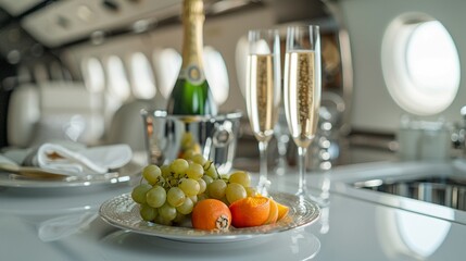 photograph of luxury champagne and fruit plate on the table in private jet, white interior, empty space for text stock photo, high resolution photography