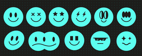Space trippy smiley face 90s aesthetic set, vintage blue neon y2k smile symbol design, modern techno cute avatar sign graphic, psychedelic groovy emoji shape set, geometric trendy figure collection, - obrazy, fototapety, plakaty