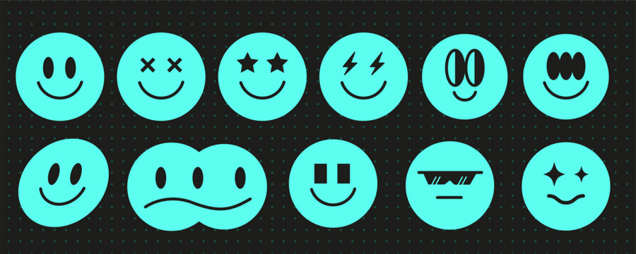 Space trippy smiley face 90s aesthetic set, vintage blue neon y2k smile symbol design, modern techno cute avatar sign graphic, psychedelic groovy emoji shape set, geometric trendy figure collection,