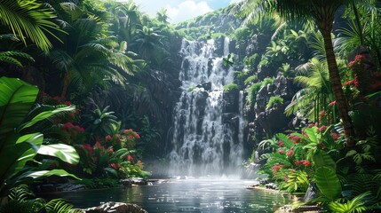 Tropical waterfall, Capture the lush vegetation and exotic surroundings of a waterfall in a tropical paradise, evoking a sense of escapism and relaxation