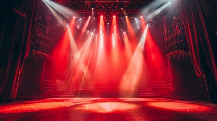 Empty Theater Stage Illuminated by Spotlights, Ready for Performance - Dramatic Red Podium Background - obrazy, fototapety, plakaty