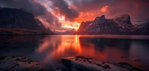 Fototapeta na wymiar Sunset Embracing the Rugged Nordic Fjords.