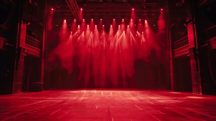 Empty Theater Stage Illuminated by Spotlights, Ready for Performance - Dramatic Red Podium Background - obrazy, fototapety, plakaty