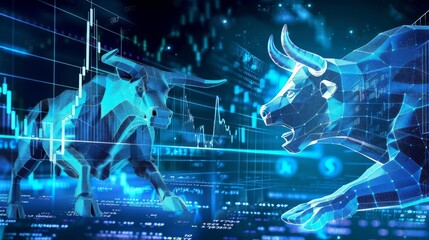 hologram bull and bear with financial graph