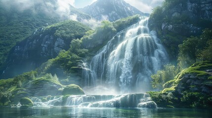 Natural beauty, Highlight the untouched and unspoiled beauty of a waterfall in its natural habitat, emphasizing its role in the ecosystem