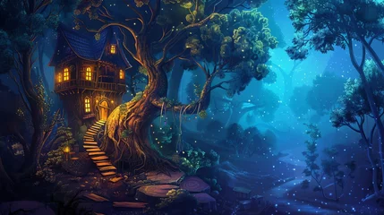 Crédence de cuisine en verre imprimé Forêt des fées Enchanted Treehouse in a Mystical Forest, Fantasy Children's Book Style Illustration