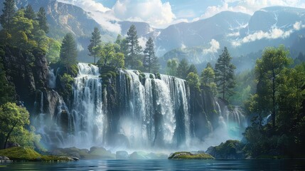 Majestic waterfall, Emphasize the sheer size and power of a waterfall, conveying a sense