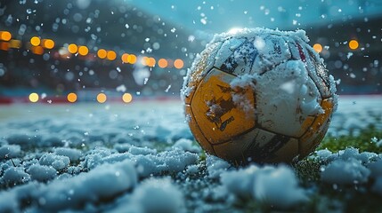 soccer ball in the snow in an empty stadium  sports winter break  season pause or end  copy space  generative ai