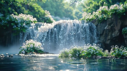 Scenic waterfall, Highlight the picturesque qualities of a waterfall, focusing on its aesthetic appeal and the serene atmosphere it creates