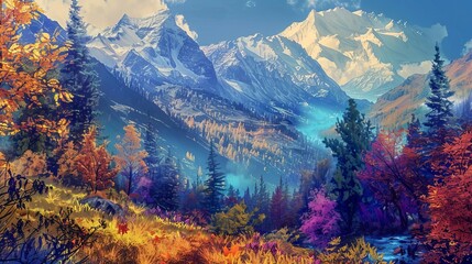 Enchanting Autumn in the Mountains, Colorful Foliage, Tranquil Landscape, Digital Art Masterpiece