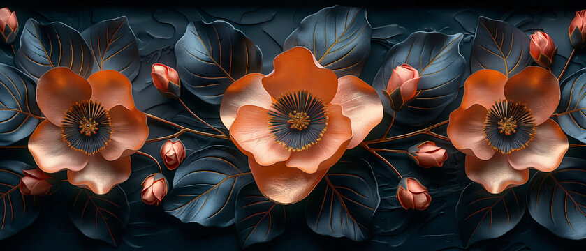 Three-dimensional oil painting, beautiful japanese flower, black and gold, 