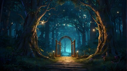 A wonderful shimmering entrance to an other world, a nighttime mystical gateway between tree trunks - obrazy, fototapety, plakaty