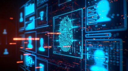human fingerprint scan with network information text - obrazy, fototapety, plakaty