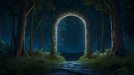 A wonderful shimmering entrance to an other world, a nighttime mystical gateway between tree trunks - obrazy, fototapety, plakaty