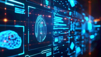 Obraz premium human fingerprint scan with network information text