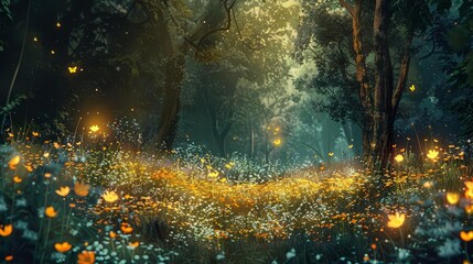 Enchanting Forest Clearing with Ethereal Fairy Lights, Fireflies and Wildflowers, Dreamy Digital Painting