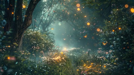 Fototapeta premium Enchanting Forest Clearing with Ethereal Fairy Lights, Fireflies and Wildflowers, Dreamy Digital Painting