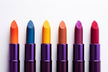 set of multicolour lipsticks on white background, top view, flat lay