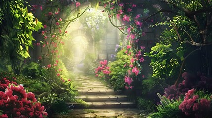 Enchanting secret fairy garden with floral arches and lush greenery, magical digital painting of fantasy landscape - obrazy, fototapety, plakaty