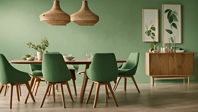 Dining Room With Green Chairs and Wooden Table Generative AI