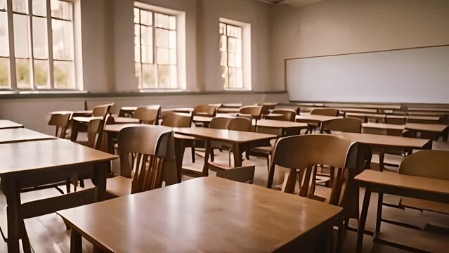 Empty Classroom Filled With Wooden Desks and Chairs Generative AI