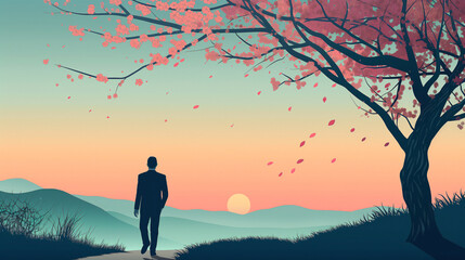 A man in suit walks along the path under Sakura tree narrow in Sunset and teal colors, flat design illustration with pastel color palette
 - obrazy, fototapety, plakaty