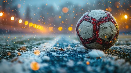soccer ball in the snow in an empty stadium  sports winter break  season pause or end  copy space  generative ai