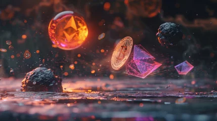 Deurstickers Levitating cryptocurrency coins with Ethereum at forefront amid a surreal scene of glowing embers © Thanunchnop