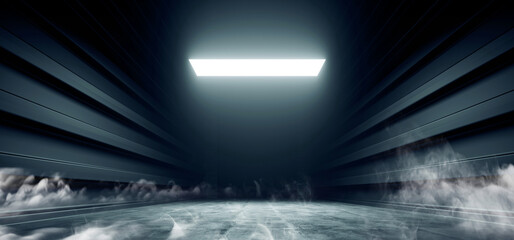Cyber Sci Fi Smoke Spaceship Future Dark Corridor Glowing White Concrete Grunge Hallway Fluorescent Space Underground Garage 3D Rendering