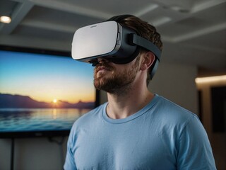 man in casual blue t-shirt wearing virtual reality device in front of a screen doing product presentation 