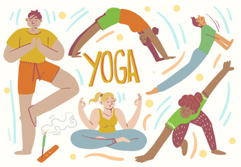Wellness illustration of people of different genders practicing yoga, in various poses, and enjoying healthy fun.