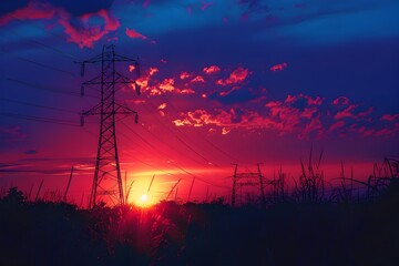 Silhouetted High Voltage Electric Towers Framed Against Vibrant Sunset Sky Creating Striking and Dramatic Landscape Scene - obrazy, fototapety, plakaty