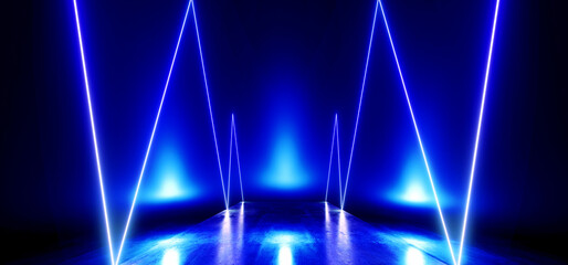 Cyber Electric Futuristic Blue Neon Glow Sci Fi  VIbrant Dark Stage Showcase Podium Virtual Reality Empty Reflection Grunge Concrete Laser 3D Rendering