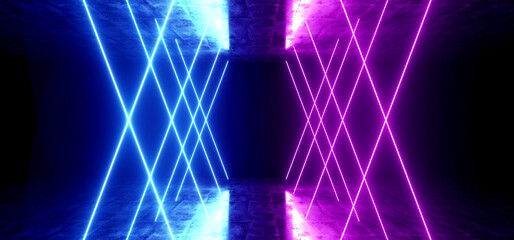 Futuristic Sci Fi Neon Glowing Purple Blue Laser Chaotic Abstract Virtual Fluorescent Dark Grunge Concrete Tunnel Corridor Hallway Underground 3D Rendering