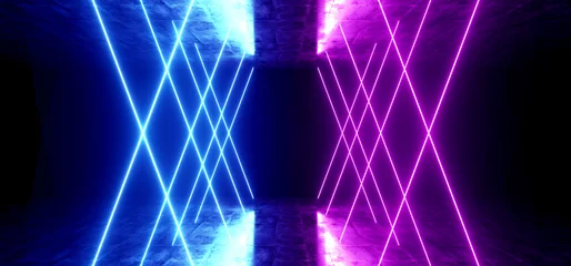 Futuristic Sci Fi Neon Glowing Purple Blue Laser Chaotic Abstract Virtual Fluorescent Dark Grunge Concrete Tunnel Corridor Hallway Underground 3D Rendering © IM_VISUALS