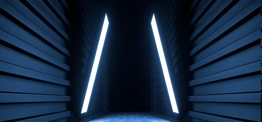 Dark Triangle Lights Futuristic Modern Garage Showroom Tunnel Corridor Concrete Metal Grunge Reflective Glossy Empty Space White Glow Showcase Stage Underground Hallway Entrance 3D Rendering © IM_VISUALS