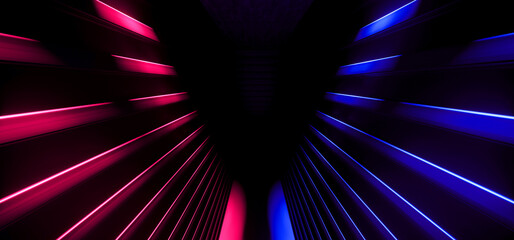 Neon Abstract Dark Retro Sci Fi Triangle Alien Spaceship Purple Blue Empty Glowing Vibrant Laser Showcase Stage Corridor Hallway Entrance Huge Virtual Futuristic  Reflective 3D Rendering