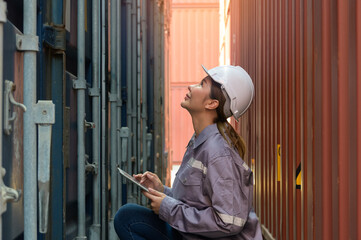 Industrial engineer checking containers with digital tablet in logistic shipping cargo yard. Asian female worker in uniform with white helmet inspect container. - 775555597