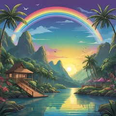 Marine landscape in cartoon style with sunset