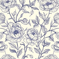 seamless decorative peony flowers line drawing pattern