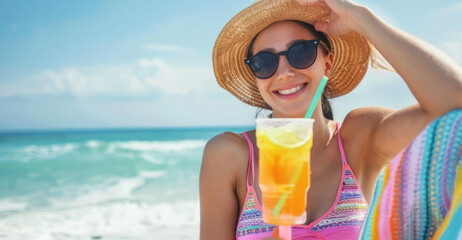Smiling Woman Enjoying a Sunny Beach Day With Refreshing Orange Drink