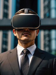 man in formal black suit wearing virtual reality device outdoor demonstrating new product 