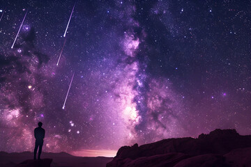 Fototapeta na wymiar Scenic Cosmos Vista: Nebula Artistry and Meteor Magic against Star-studded Sky
