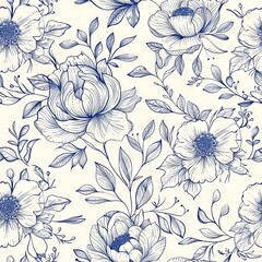 seamless decorative peony flowers line drawing pattern