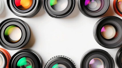 Camera lenses with colorful reflections on a white background.