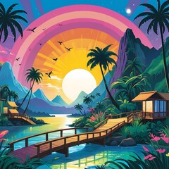Marine landscape in cartoon style with sunset