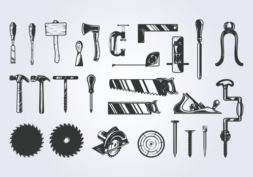 collection set of carpenters tool vintage illustration vector design