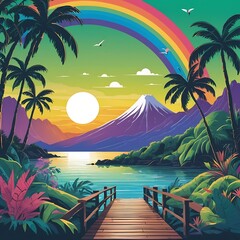 Marine landscape in cartoon style with sunset